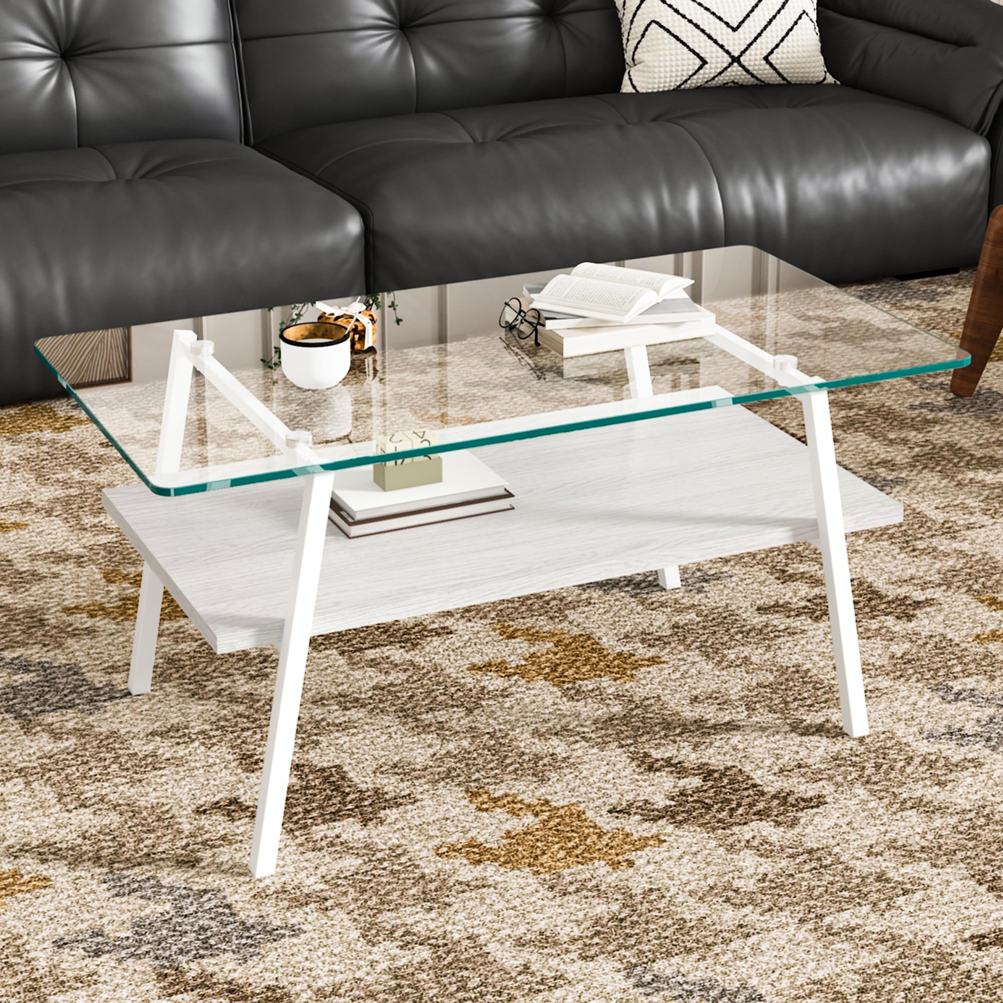 ホワイト モダン長方形コーヒーテーブル 強化ガラス天板+MDF収納棚 リビング用 Amazon.co.jp: モダン長方形ガラスコーヒーテーブル 強化ガラス